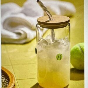 Anthropologie Icon Tennis Glass Tumbler with Lid EUC